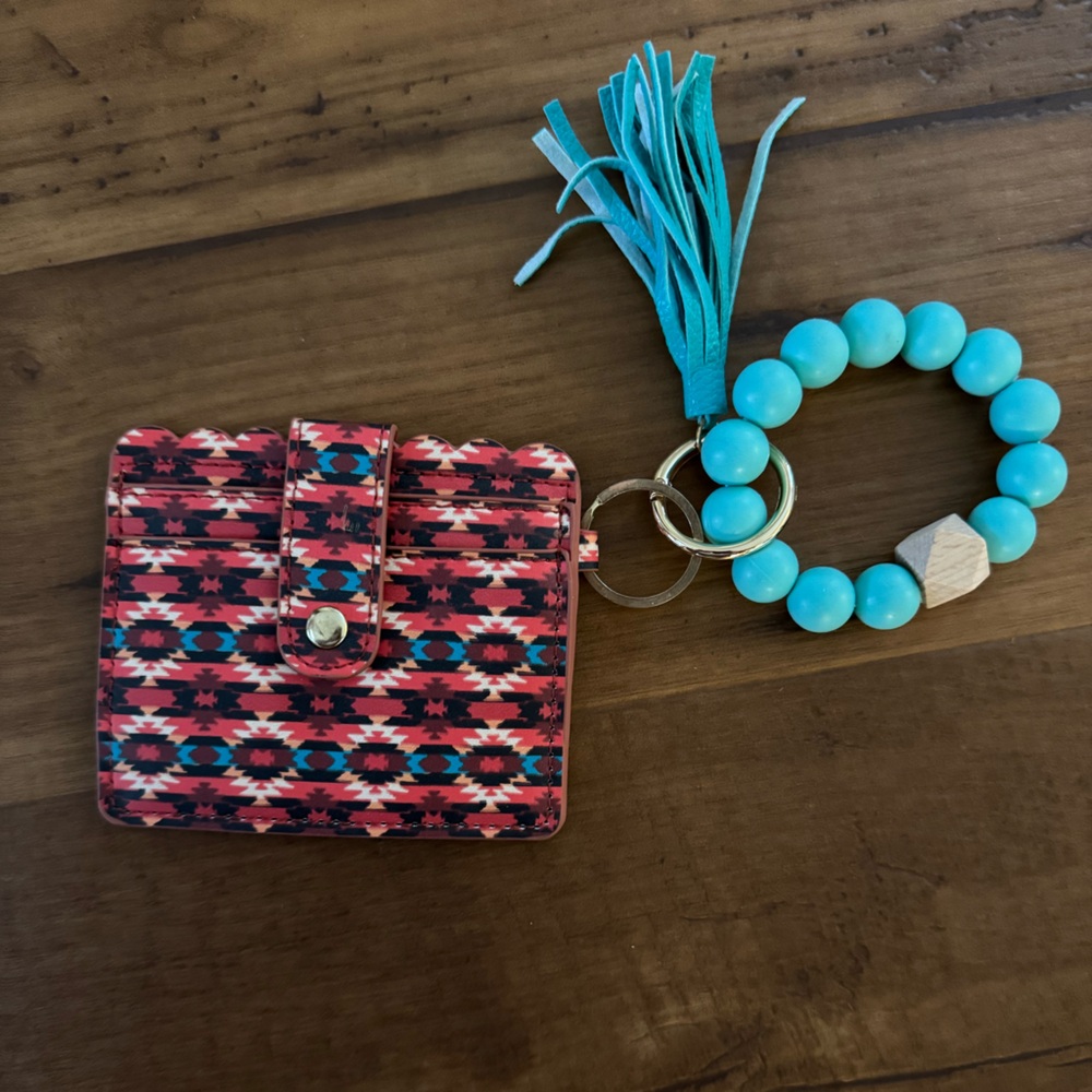Patterned Wallet with Turquoise Beaded Keychain